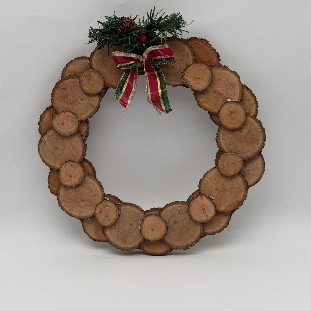 Rustic Christmas Wood Slice Wreath Plaid Bow Pinecone Holiday Wall Decor 13.5in